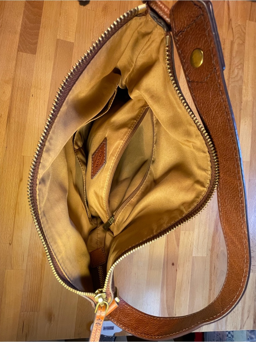 Fossil Chestnut Brown Leather Shoulder Bag with Tassel Zip - Picture 7 of 11